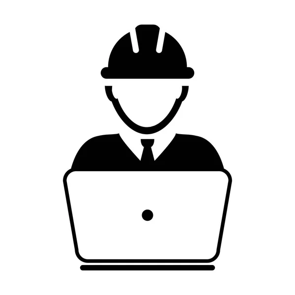 Ícone de suporte on-line vetor masculino construção serviço trabalhador pessoa perfil avatar com laptop e capacete hardhat na ilustração pictograma glifo — Vetor de Stock