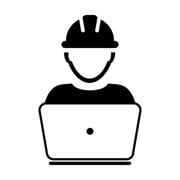 Construtor ícone vetor masculino construção serviço trabalhador pessoa perfil avatar com laptop e capacete hardhat em ilustração pictograma glifo — Vetor de Stock