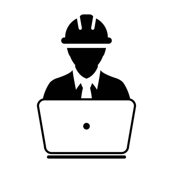 Icono de trabajador de servicio vector hombre servicio de construcción persona perfil avatar con portátil y casco hardhat en ilustración pictograma glifo — Vector de stock