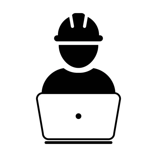 Icono de trabajador manual vector hombre servicio de construcción persona perfil avatar con portátil y casco hardhat en ilustración pictograma glifo — Archivo Imágenes Vectoriales