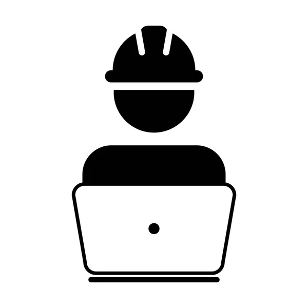 Icono del trabajador vector masculino servicio de construcción persona perfil avatar con ordenador portátil y casco de casco en ilustración pictograma glifo — Archivo Imágenes Vectoriales