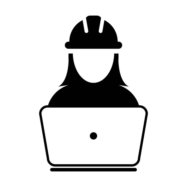 Betreiber Arbeiter Symbol Vektor weiblichen Baudienst Person Profil Avatar mit Laptop und Hardhat Helm in Glyphenpiktogramm Illustration — Stockvektor