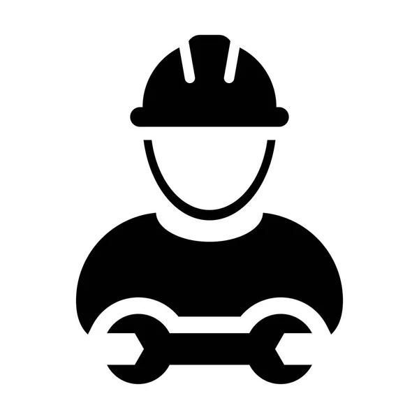 Glif piktogram resimde hardhat kask ve anahtar veya anahtar aracı ile işçi simgesi vektör erkek inşaat hizmeti kişi profili avatar — Stok Vektör