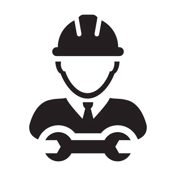Icono de trabajador mecánico vector masculino Servicio de construcción persona perfil avatar con casco hardhat y llave inglesa o llave inglesa herramienta en ilustración pictograma glifo — Vector de stock