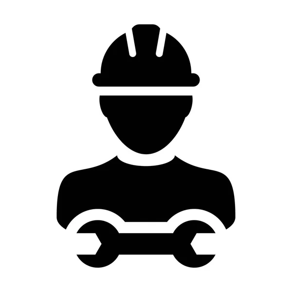 Segurança trabalhador ícone vetor masculino construção serviço pessoa perfil avatar com capacete hardhat e chave ou chave ferramenta de chave na ilustração pictograma glifo —  Vetores de Stock