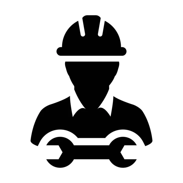 Herramientas icono vector masculino servicio de construcción persona perfil avatar con casco hardhat y llave inglesa en ilustración pictograma glifo — Vector de stock