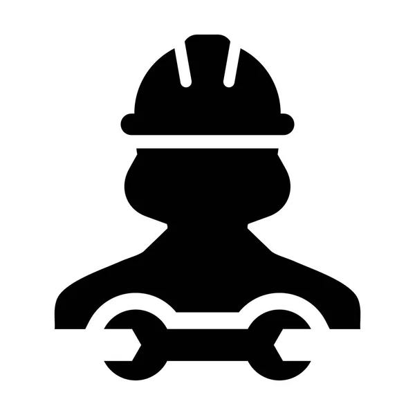 Monteur werknemer icon vector vrouwelijke bouwservice persoon profiel avatar met bouwvakker helm en moersleutel of moersleutel tool in glyph pictogram illustratie — Stockvector