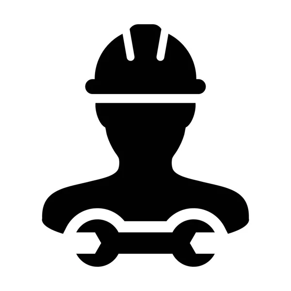 Icono de trabajador de servicio vector hombre servicio de construcción persona perfil avatar con casco hardhat y llave inglesa o llave inglesa herramienta en ilustración pictograma glifo — Vector de stock