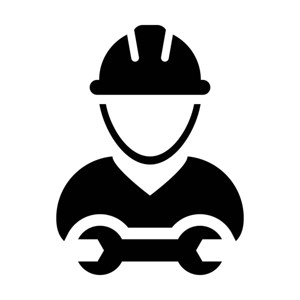 Icono del empleado vector hombre trabajador de la construcción persona perfil avatar con casco hardhat y llave inglesa o llave inglesa herramienta en ilustración pictograma glifo — Vector de stock