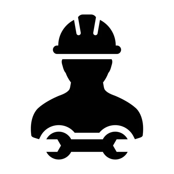 Icono de ingeniería vector hombre servicio de construcción persona perfil avatar con casco hardhat y llave inglesa o llave inglesa herramienta en ilustración pictograma glifo — Vector de stock