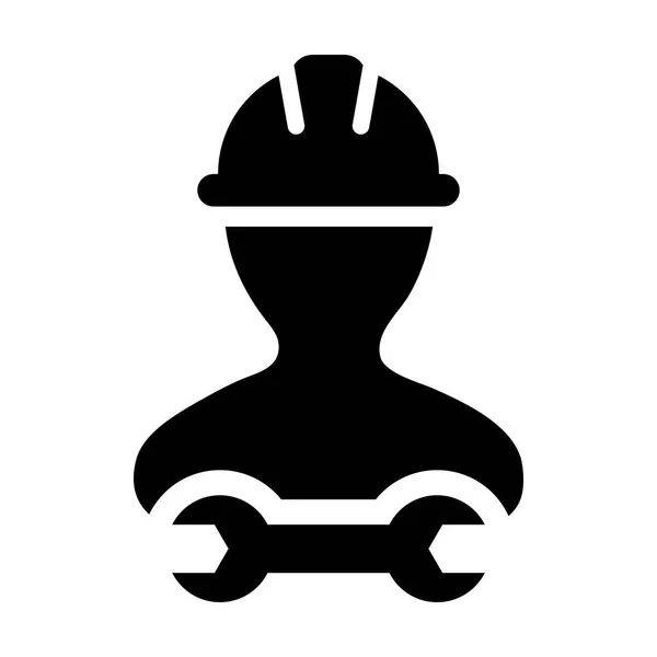 Supervisore icona vettore maschio lavoratore edile persona profilo avatar con casco hardhat e chiave o strumento chiave in illustrazione pittogramma glifo — Vettoriale Stock