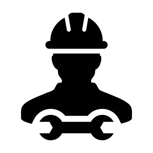 Supporto operaio icona vettore maschio servizio di costruzione persona profilo avatar con casco hardhat e chiave inglese o strumento chiave in illustrazione pittogramma glifo — Vettoriale Stock