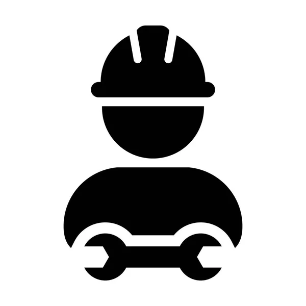 Manual trabajador icono vector masculino servicio de construcción persona perfil avatar con casco hardhat y llave inglesa o llave inglesa herramienta en ilustración pictograma glifo — Vector de stock