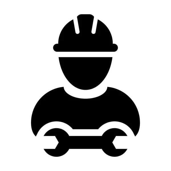 Vecteur d'icône de constructeur avatar de profil de travailleur de la construction masculin avec casque et clé ou outil de clé en glyphe illustration pictogramme — Image vectorielle