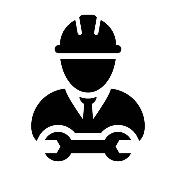 Vecteur d'icône de constructeur avatar de profil de travailleur de la construction masculin avec casque et clé ou outil de clé en glyphe illustration pictogramme — Image vectorielle