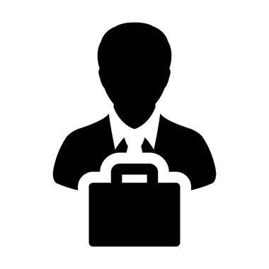 Düz renk glif piktogram illüstrasyon perakende iş ve Ticaret için çanta sembolü ile ticaret simgesi vektör erkek kişi profili avatar