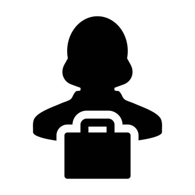 Düz renk glif piktogram illüstrasyon perakende iş ve Ticaret için çanta sembolü ile alışveriş simgesi vektör kadın kişi profili avatar