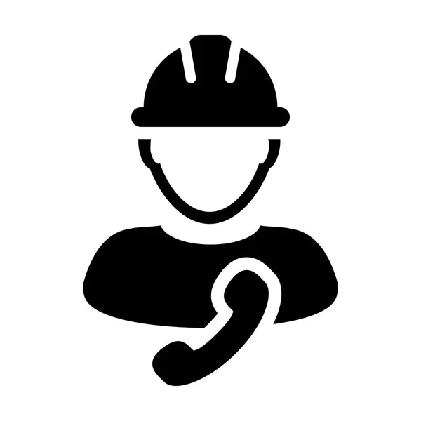 Encuesta icono de trabajador vector hombre servicio de construcción persona perfil avatar con teléfono y casco de casco en ilustración pictograma glifo — Vector de stock