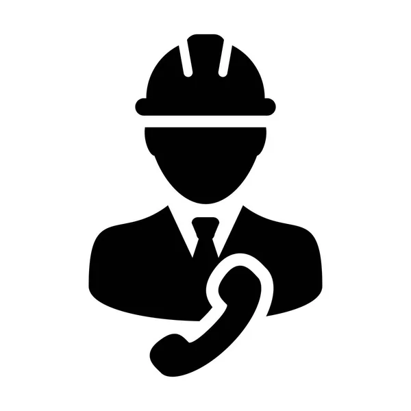 Builder icon vector male construction worker person profile avatar with phone and hardhat helmet in glyph pictogram illustration — Stock Vector