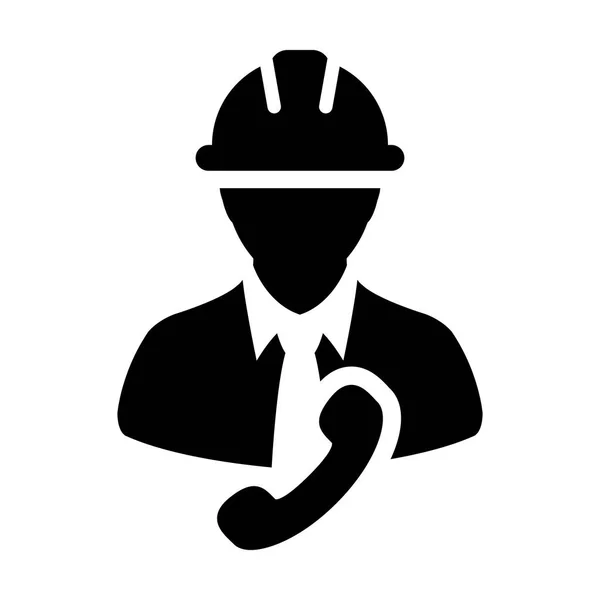 Ícone de suporte profissional vetor masculino construção serviço trabalhador pessoa perfil avatar com telefone e capacete hardhat na ilustração pictograma glifo —  Vetores de Stock