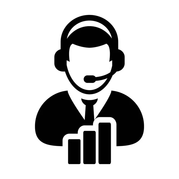 Hotline icon vector mannelijke data Customer Support service persoon profiel avatar met hoofdtelefoon en staafdiagram voor online assistent in glyph-pictogram illustratie — Stockvector