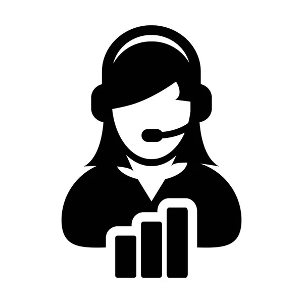 Ügyfélszolgálat ikon vektor női adattámogatás személy profil avatar fejhallgató és bár grafikon online asszisztens karakterjel piktogram illusztráció — Stock Vector