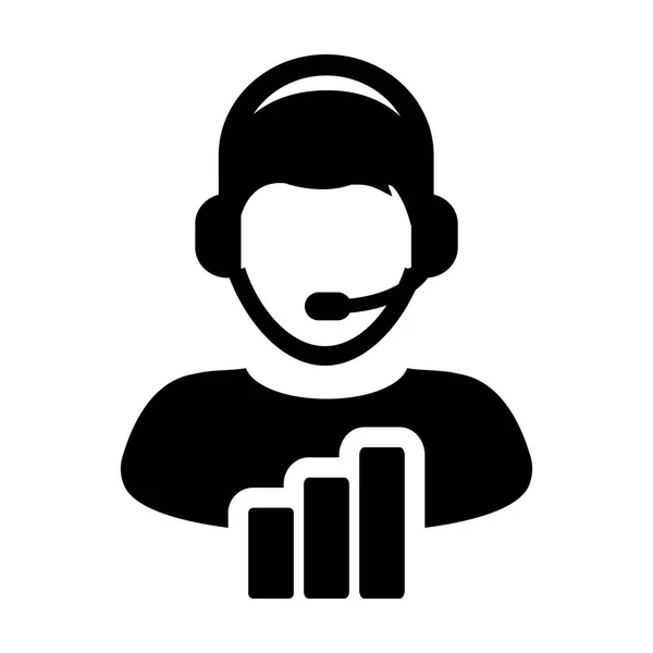 Help icon vector male data support customer service person profile avatar with headphone and bar graph for online assistant in glyph pictogram illustration