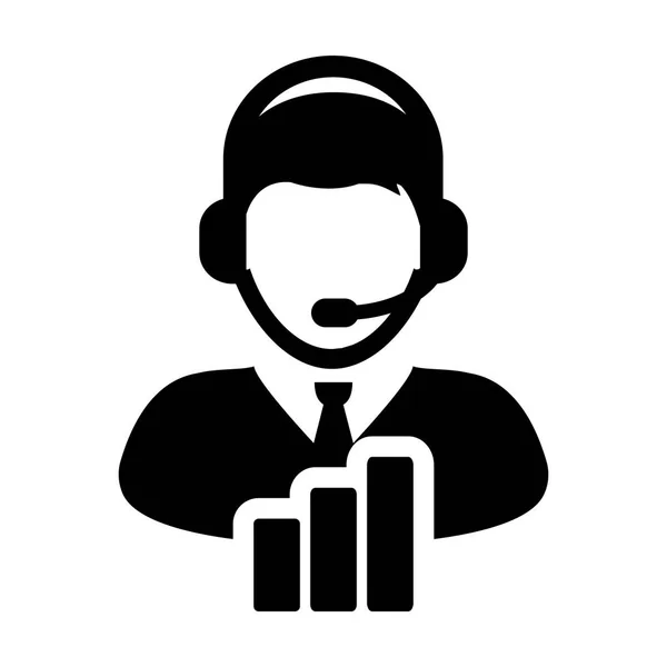 Business Support icon vector mannelijke Customer Care data service persoon profiel avatar met hoofdtelefoon en staafdiagram voor online assistent in glyph-pictogram illustratie — Stockvector