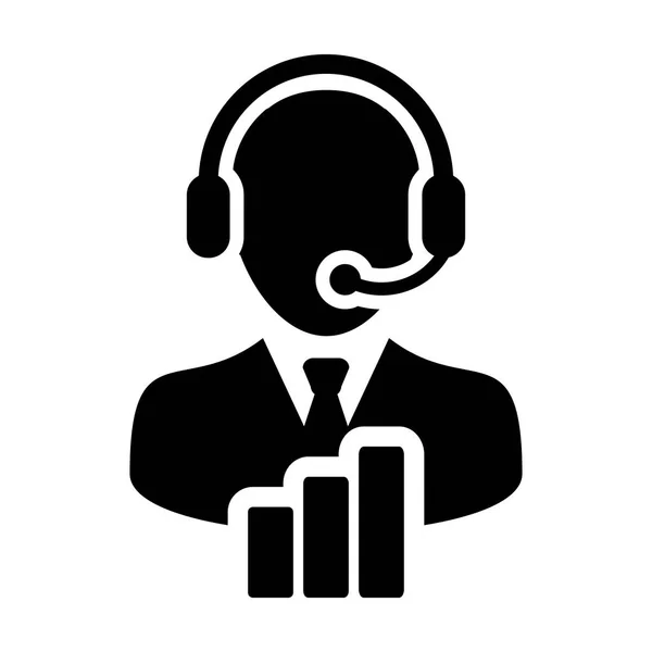 Customer experience icon vector male data support service person profile avatar with headphone and bar graph for online assistant in glyph pictogram illustration — Stock Vector