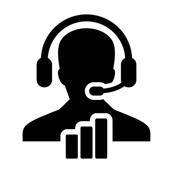 Avatar de perfil de persona de soporte de datos de cliente masculino vector de icono de informe de análisis con auriculares y gráfico de barras para asistente en línea en ilustración de pictograma de glifo — Vector de stock