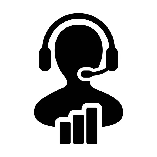 Stapeldiagram ikon vektor manliga data support kundtjänst person profil avatar med hörlurar och stapeldiagram för online-assistent i Glyph piktogram illustration — Stock vektor