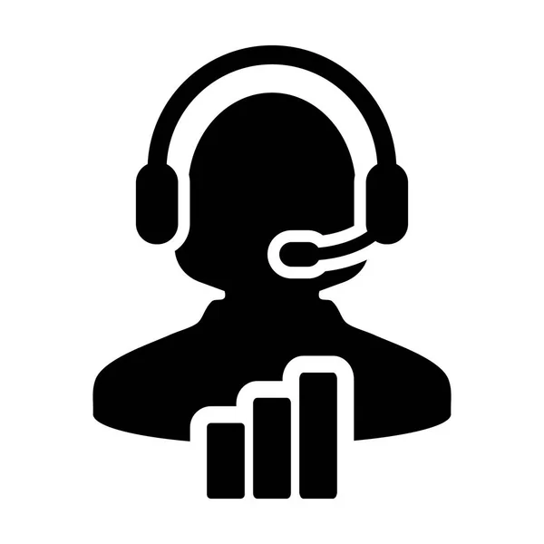 Business Support ikon vektor kvinnliga kundtjänst datatjänst person profil avatar med hörlurar och stapeldiagram för online-assistent i Glyph piktogram illustration — Stock vektor