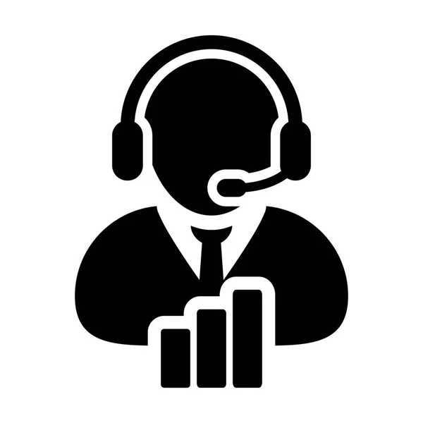 Call Center icon vector mannelijke gegevens ondersteuning klantenservice persoon profiel avatar met hoofdtelefoon en staafdiagram voor online assistent in glyph-pictogram illustratie — Stockvector