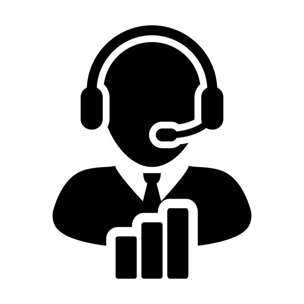 Service pictogram vector mannelijke Customer Care gegevens ondersteuning persoon profiel avatar met hoofdtelefoon en staafdiagram voor online assistent in glyph-pictogram illustratie — Stockvector