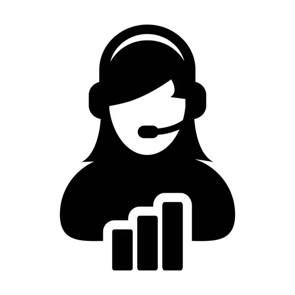 Call center icon vector female data support customer service person profile avatar with headphone and bar graph for online assistant in glyph pictogram illustration