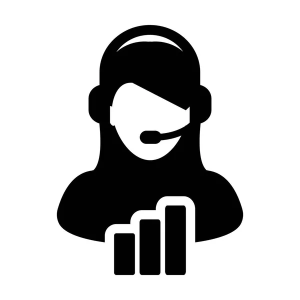 Service clientèle icône vecteur femelle support de données service personne profil avatar avec casque et graphique à barres pour assistant en ligne en illustration de pictogramme glyphe — Image vectorielle