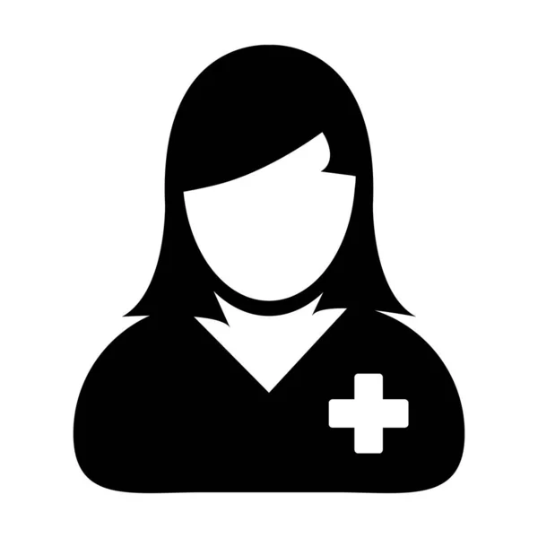 Icono de paciente vector de avatar de perfil de persona femenina símbolo de atención médica de salud en ilustración de pictograma de glifo de color plano — Vector de stock