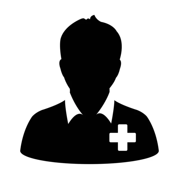 Médico icono vector de la persona masculina perfil avatar símbolo para la atención médica del paciente en color plano glifo pictograma ilustración — Vector de stock