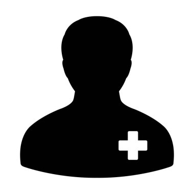 Düz renkli glyph piktogram illüstrasyon hasta tıbbi sağlık için erkek kişi profil avatar sembolü Konsültasyon simgesi vektör