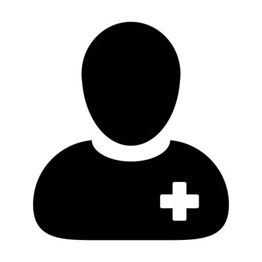 Düz renk glyph piktogram illüstrasyon hasta tıbbi tedavi için erkek kişi profil avatar sembolü Doktor simgesi vektör