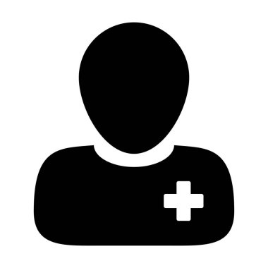 Düz renk glyph piktogram illüstrasyon hasta tıbbi tedavi için erkek kişi profil avatar sembolü Sağlık simgesi vektör