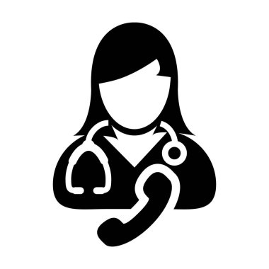 Doktor simgesi vektör kadın kişi profili avatar sembolü ile stetoskop ve telefon tıbbi sağlık için glif pictogram Illustration