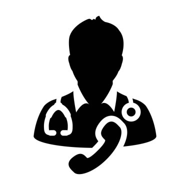 Glif piktogram illüstrasyon tıbbi sağlık danışmanlığı için stetoskop ve telefon ile bir doktor simge vektör erkek kişi profili avatar sembolü isteyin