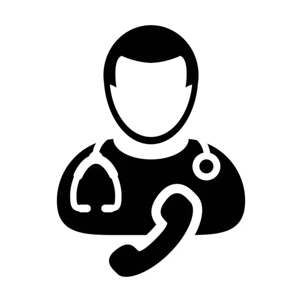 Icono médico vector hombre perfil avatar símbolo con estetoscopio y teléfono para consulta médica en ilustración Pictograma de Glifos — Vector de stock
