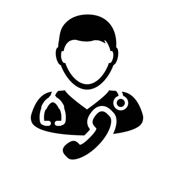 Icono de primeros auxilios vector hombre médico persona perfil avatar símbolo con estetoscopio y teléfono para la consulta de atención médica en Glyph Pictogram ilustración — Vector de stock