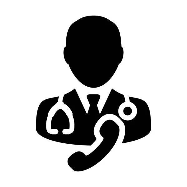 Health icon vector male doctor person profile avatar symbol with Stethoscope and phone for medical care consultation in Glyph Pictogram illustration