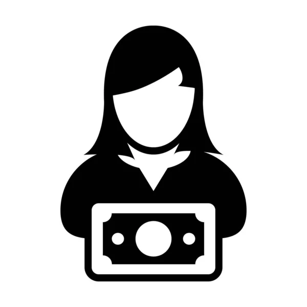 Vetor de ícone de dinheiro perfil de usuário feminino avatar com símbolo de moeda na ilustração de pictograma de glifo de cor plana — Vetor de Stock
