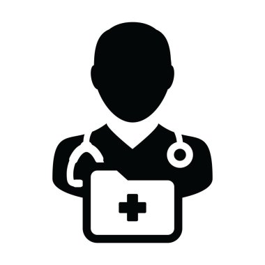 Tıbbi rapor simge vektör erkek doktor kişi profili avatar stetoskop ve glif piktogram illüstrasyon sağlık istişare için klasör ile