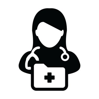 Doktor simge vektör kadın kişi profili avatar stetoskop ve glif piktogram çizimde tıbbi danışma için tıbbi rapor klasörü