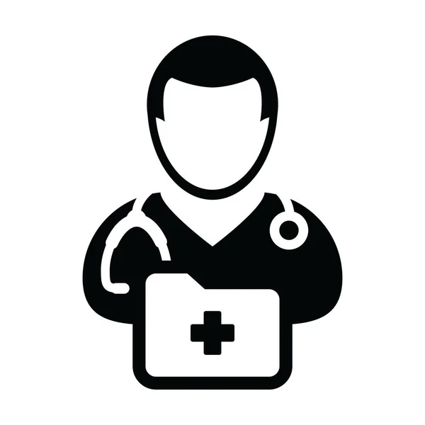 Lääketieteellinen ikoni vektori mies lääkäri henkilö profiili avatar stetoskoopilla ja lääkärintodistus kansio terveyden kuuleminen Glyph piktogrammi kuva — vektorikuva
